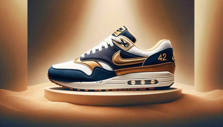 Sneaker Nike Air Max 1 '86 Jackie Robinson edition displayed prominently, featuring white, dark navy blue, gold, and gum colors with the number '42' branding. Caption reads: 'Nike Air Max 1 '86 - A Tribute to Jackie Robinson's Legacy.